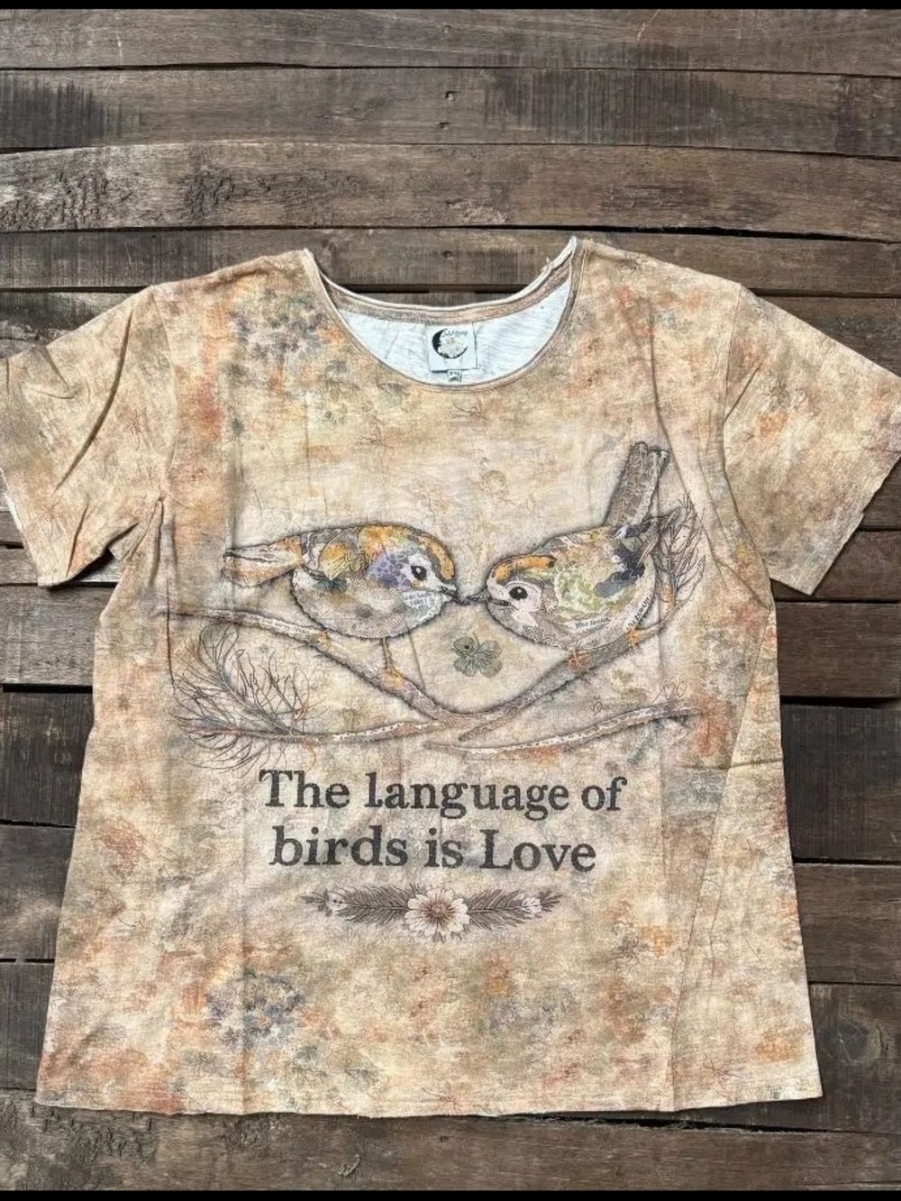 Jaded GYPSY Birds Moon Dancr Tee - Beige Brown "The language of birds is Love"